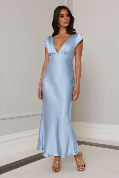 V-neck satin short sleeved backless long Prom dress