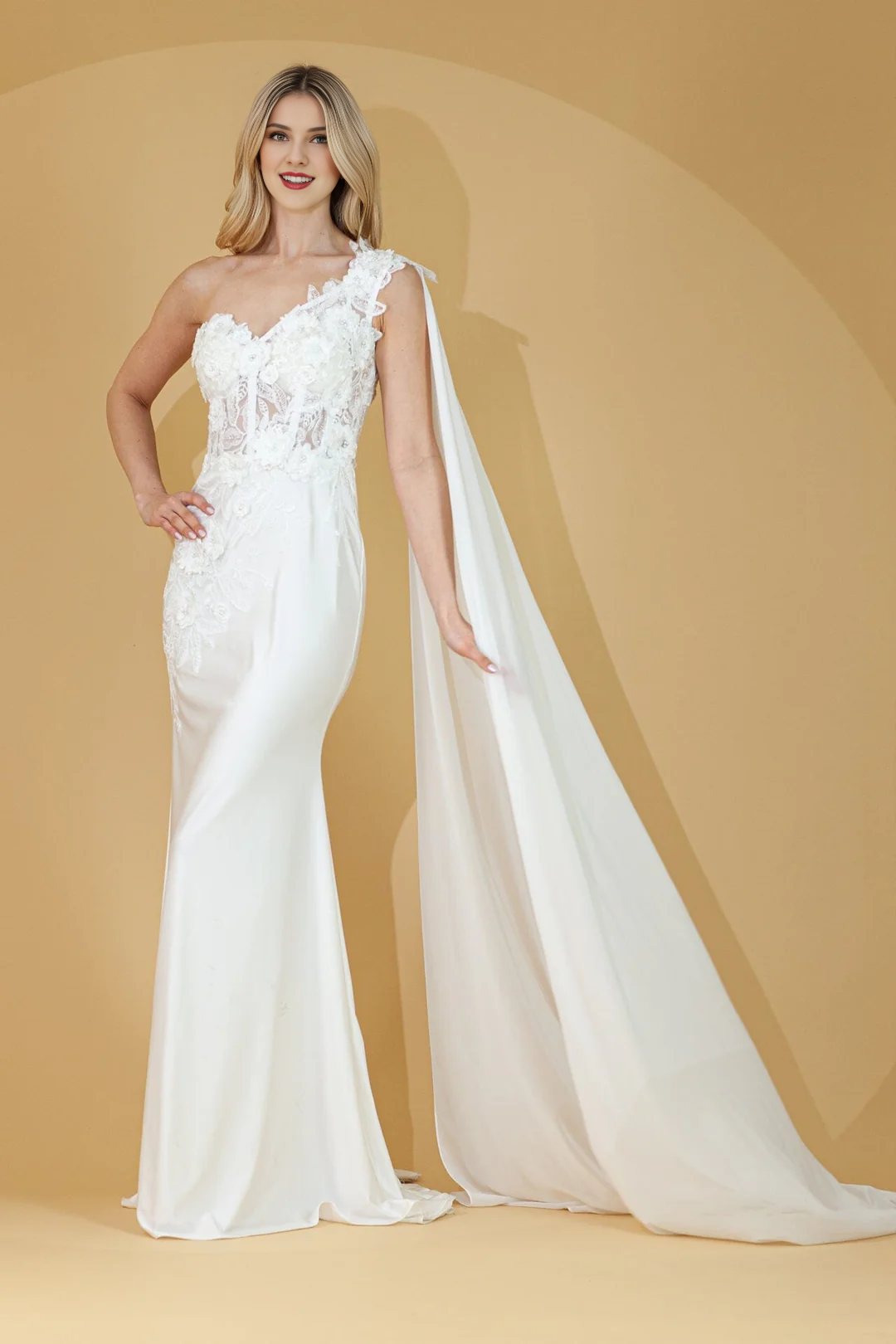 3D floral decal long one shoulder tight corset cloak dress