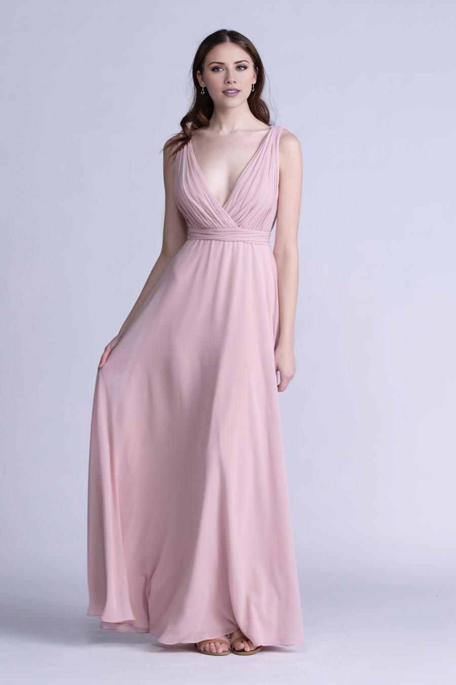 V-neck pleated detail with backless side slit and floor length even dress