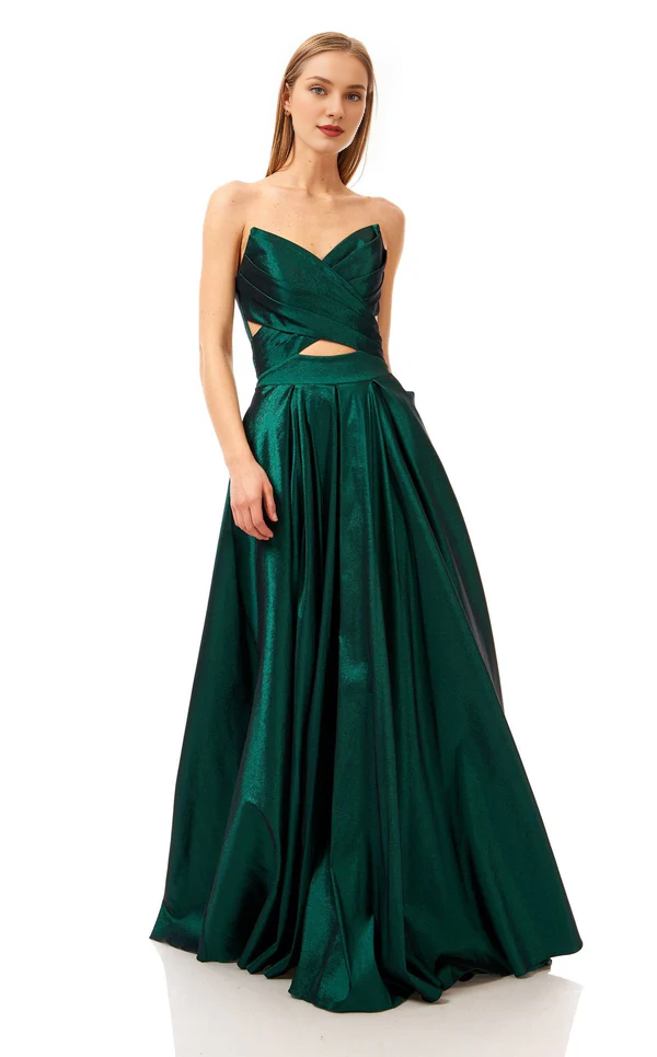 A-line V-neck satin strapless and floor length Prom dress