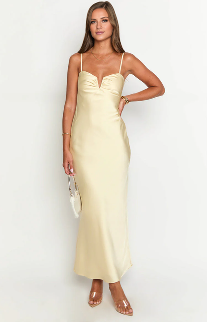 V-neck sleeveless thin shoulder strap backless and floor length Prom dress