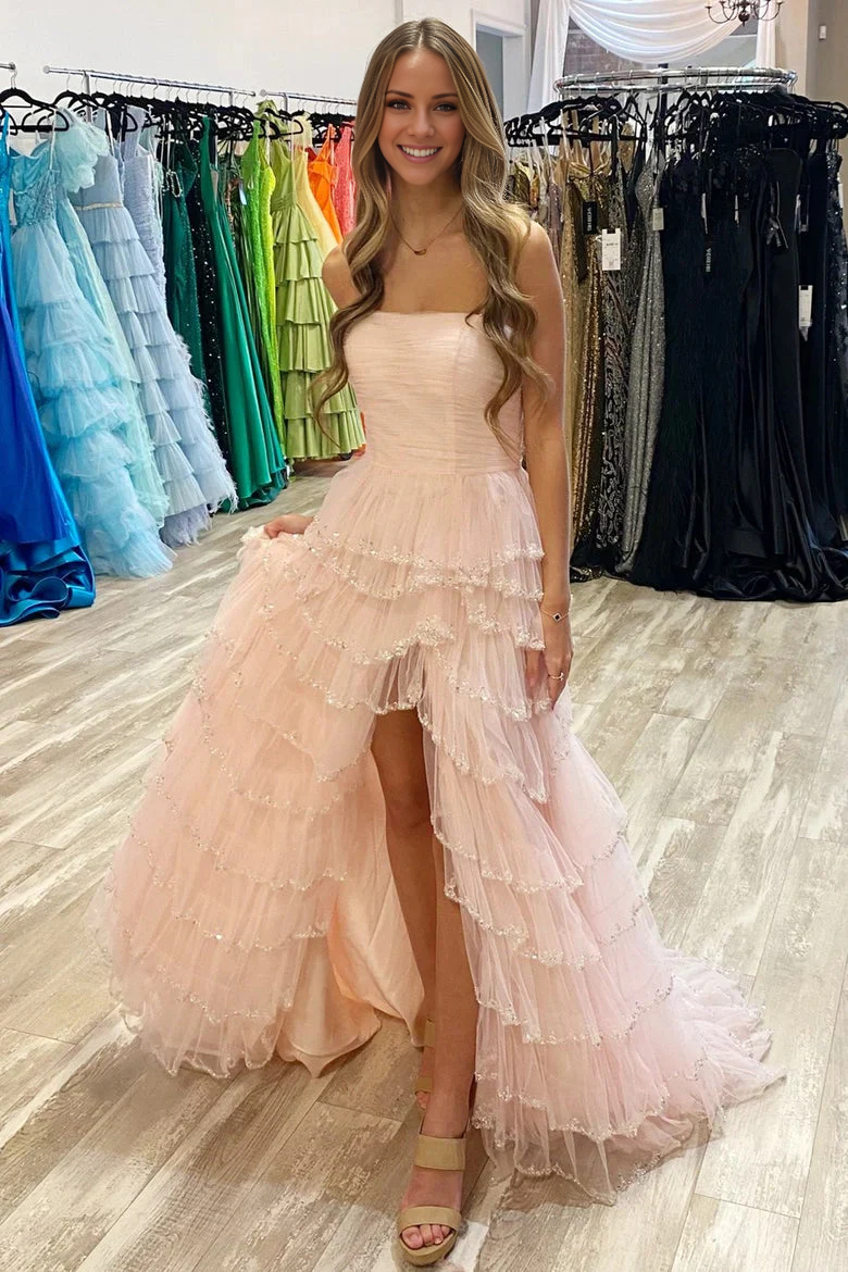 off shoulder light blue sequined layered A-line long dress