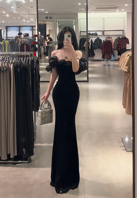 Black off-the-shoulder waist-cinching slim-fit bodycon sexy long prom dress R7914