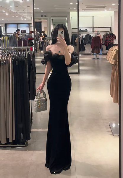 Black off-the-shoulder waist-cinching slim-fit bodycon sexy long prom dress R7914