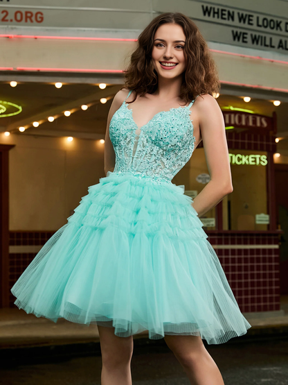Tight corset top, sheer layered short Homecoming dress