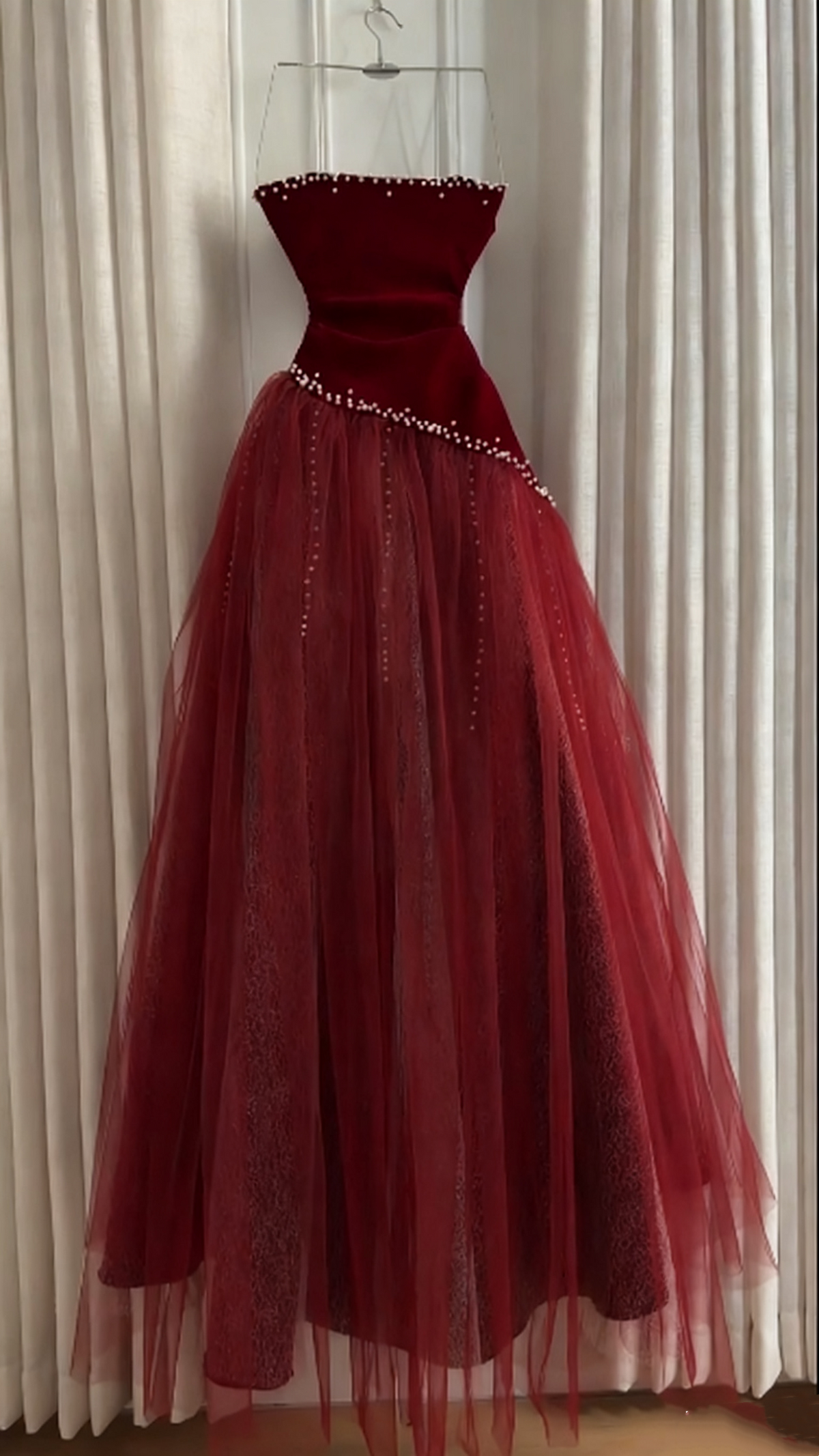 Sleeveless Burgundy Velvet & Tulle Gown | Luxury Elegant Pearl Trim Train Dress for Gala Ball gh6471