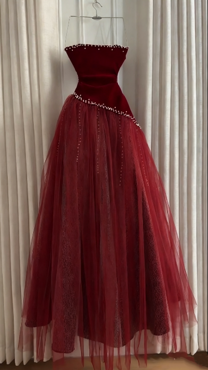 Sleeveless Burgundy Velvet & Tulle Gown | Luxury Elegant Pearl Trim Train Dress for Gala Ball gh6471