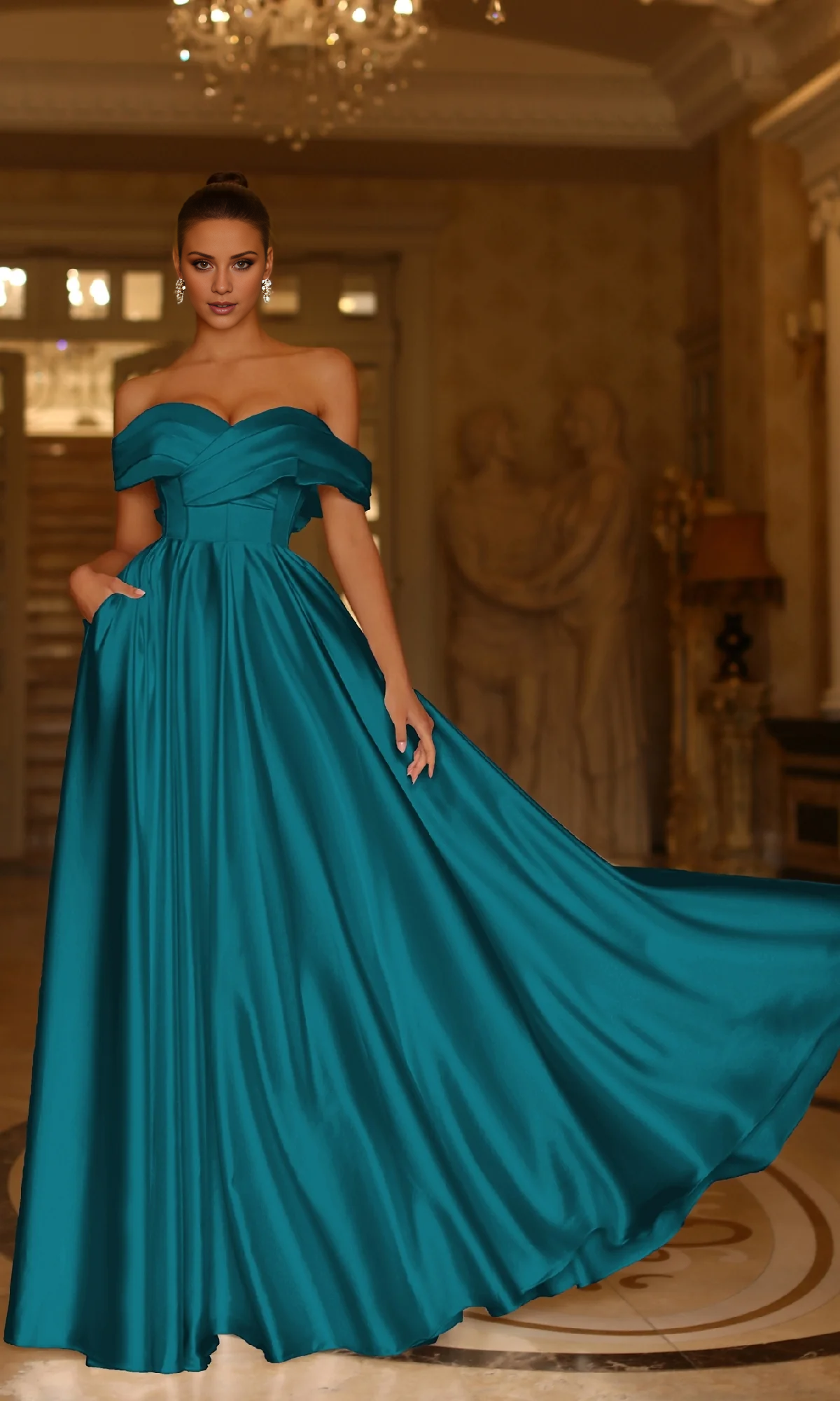A-line off shoulder pleated backless and floor length evening dress