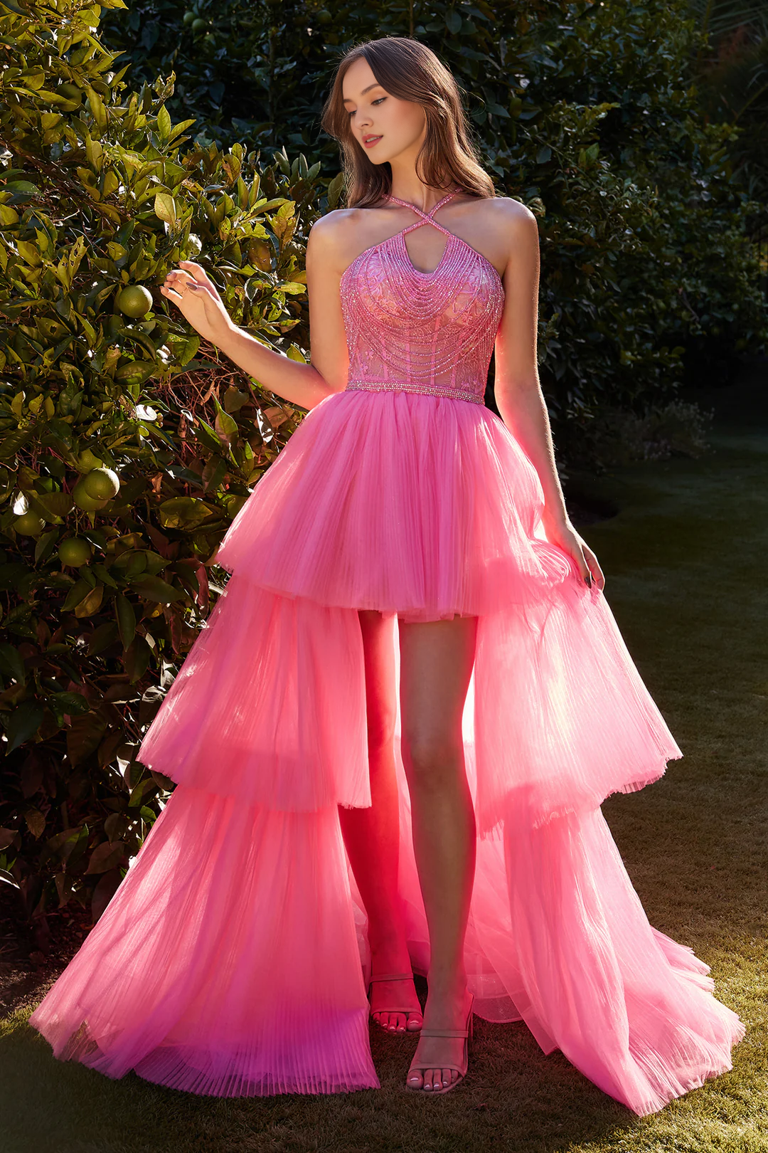Beaded long neck hanging tight corset dress