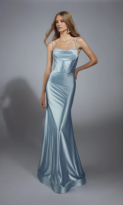 square neck thin shoulder strap backless and floor length evening dress