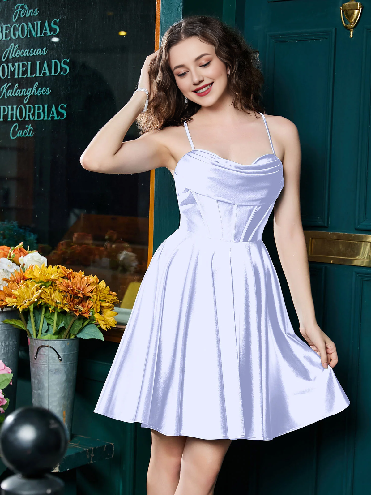 Thin shoulder strap tied with satin mini Homecoming dress