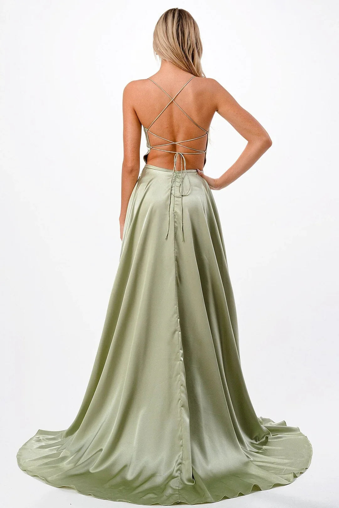 A-line slit skirt satin long sleeveless dress