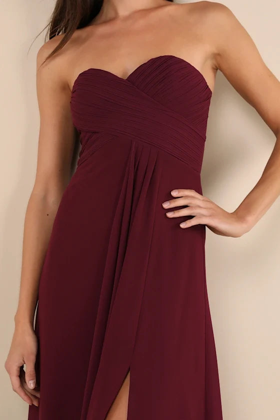 off shoulder collar sleeveless strapless backless side slit and floor length evening dress
