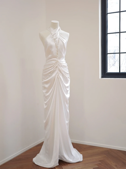 White halter-neck, fitted waist, backless, sexy long ball gown/bridal dress R8519