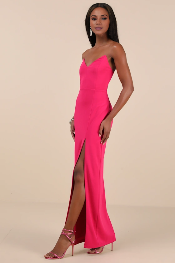 off shoulder collar sleeveless strapless backless side slit and floor length evening dress