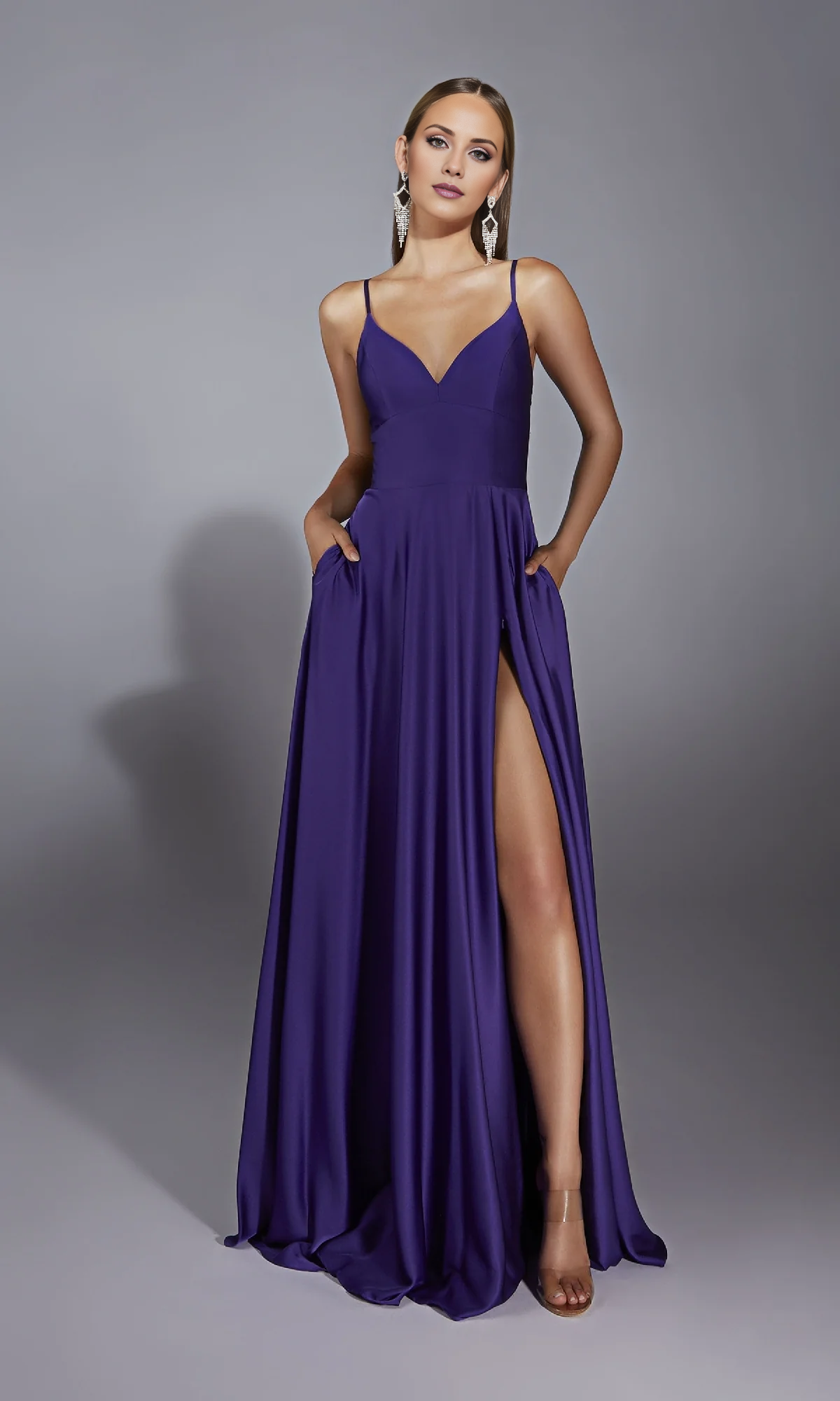V-neck slim shoulder strap with backless side slit and floor length evening dress