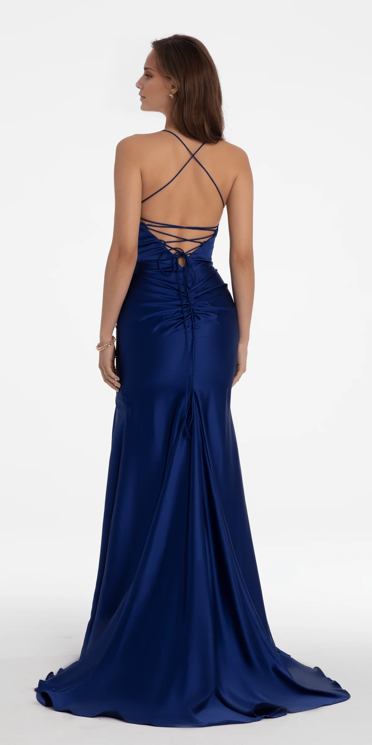 off shoulder satin thin shoulder strap with backless side slit and floor length Prom dress