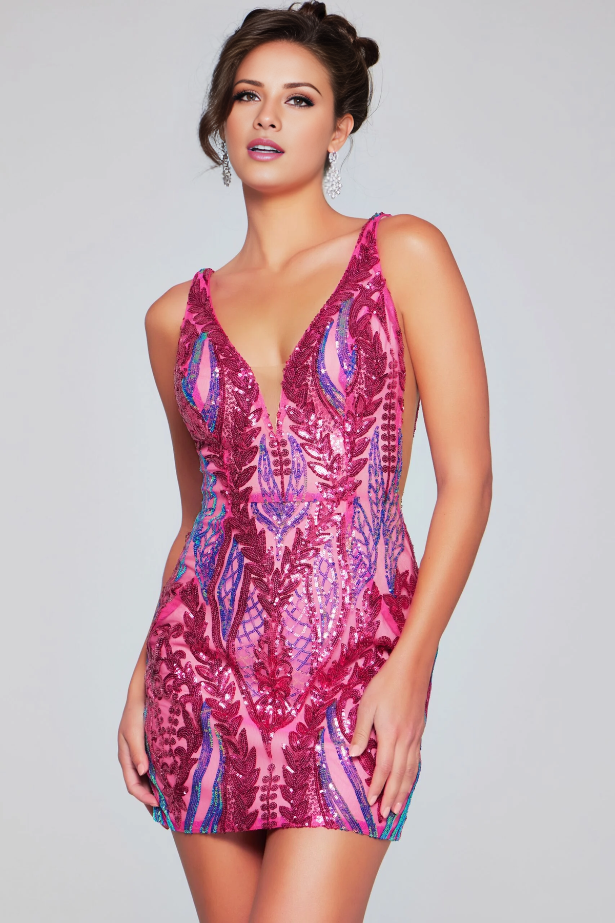 Rainbow Bright Pink Transparent Splicing V-Back Short Mini Homecoming Dress