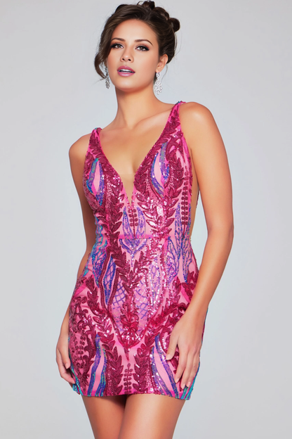 Rainbow Bright Pink Transparent Splicing V-Back Short Mini Homecoming Dress