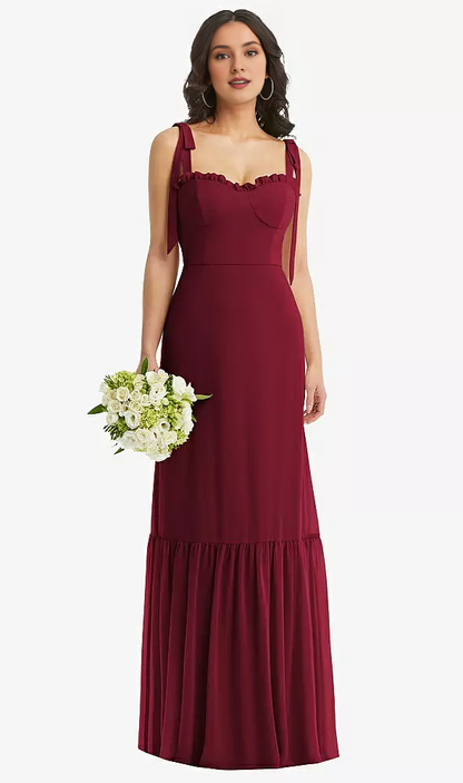 Shoulder tie tight corset ruffled hem Prom dress