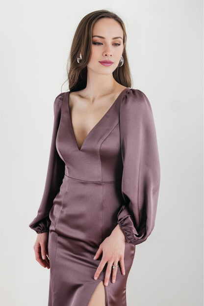 V-neck long sleeved backless side slit and floor length evening dress
