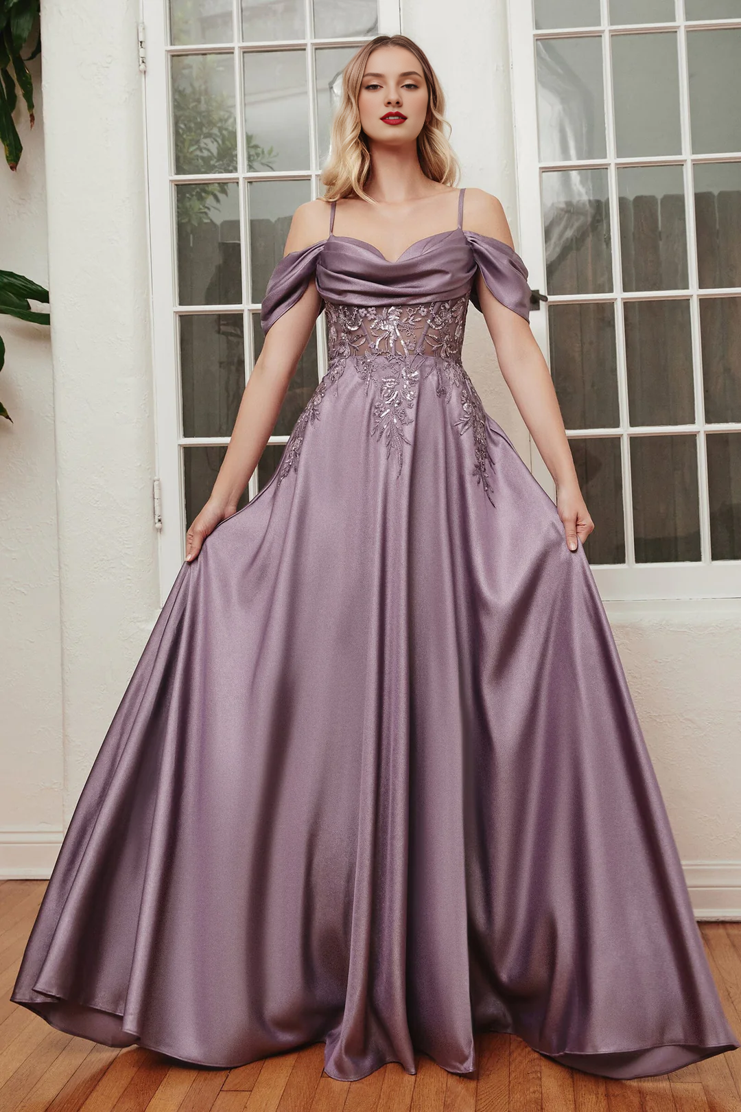 Embroidered long off shoulder satin dress