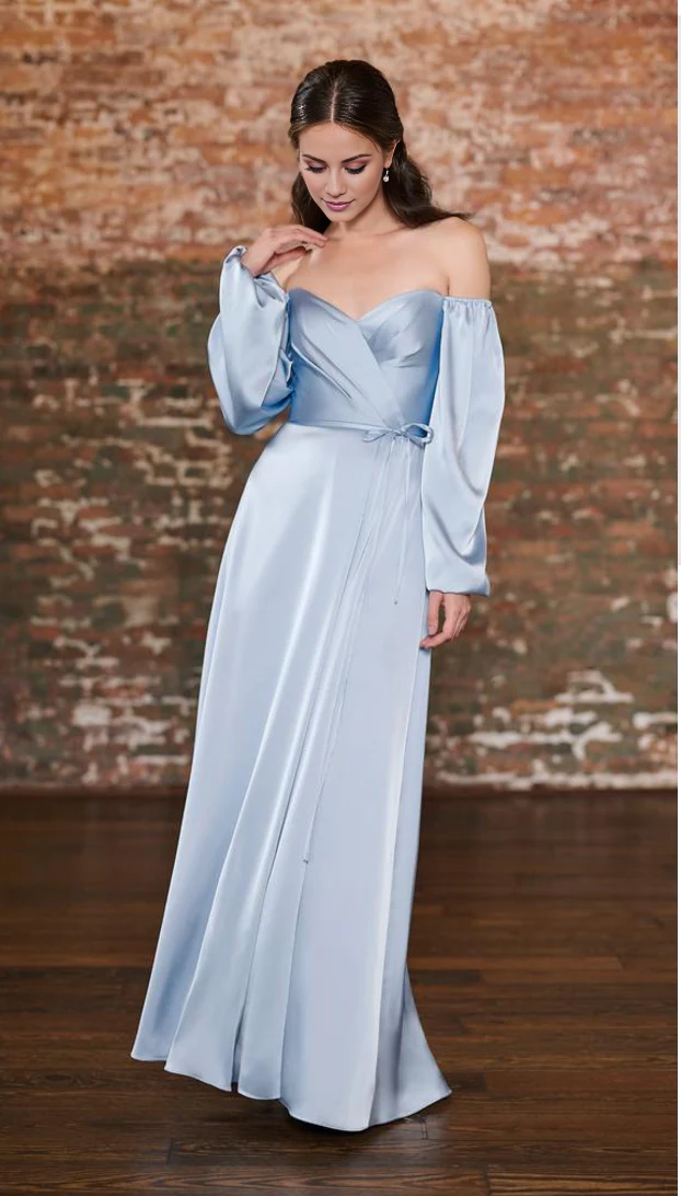 square neckline off shoulder long sleeved backless side slit and floor length Prom dress