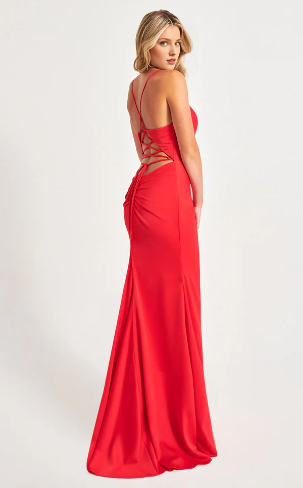 V-neck thin shoulder strap with exposed back side slit and floor length Prom dress