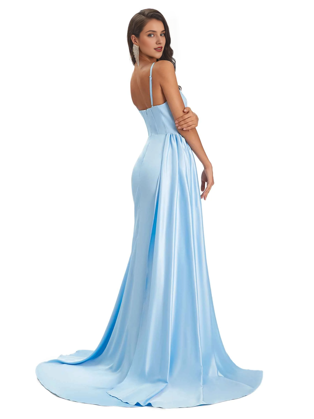 Sexy and soft satin side slit thin shoulder strap long mermaid unique bridesmaid dress