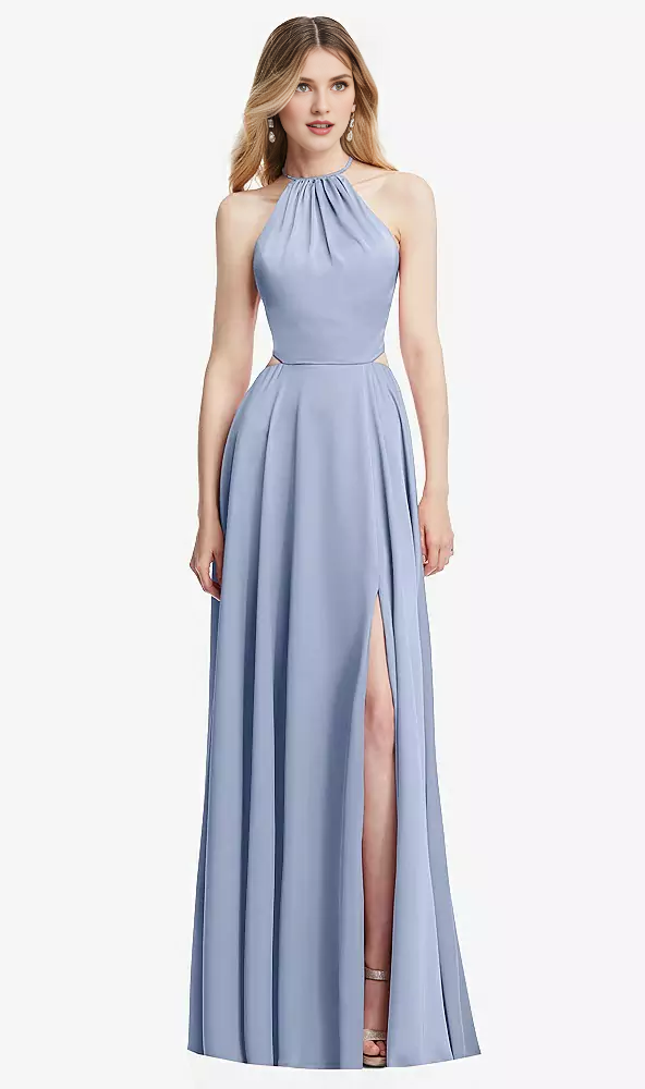 Hanging neck cross strap pleated back strap hollowed out long Prom dress