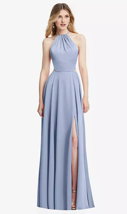Hanging neck cross strap pleated back strap hollowed out long Prom dress