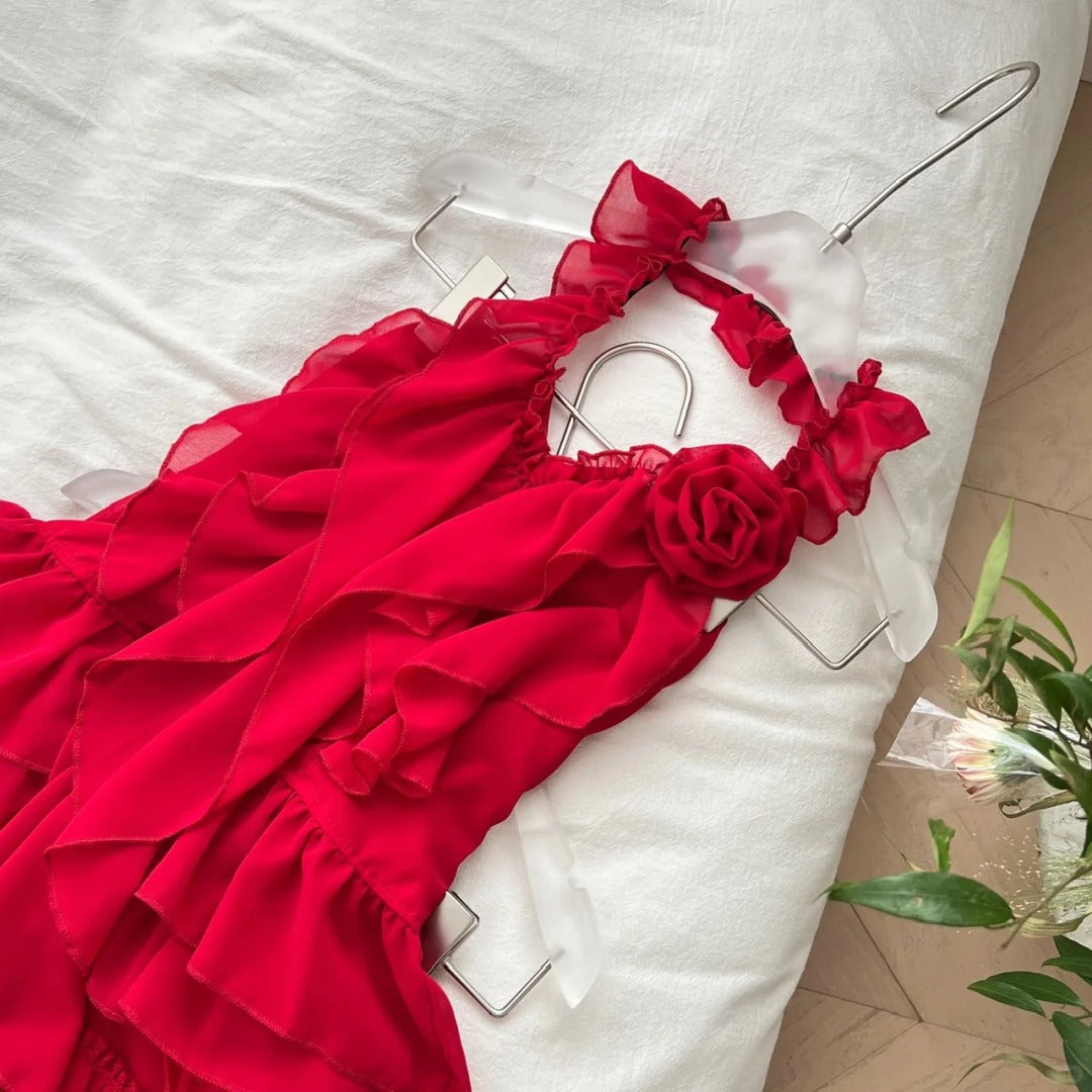 Red floral homecoming dress short chiffon summer beautiful seaside vacation sexy halterneck two piece set gh4561
