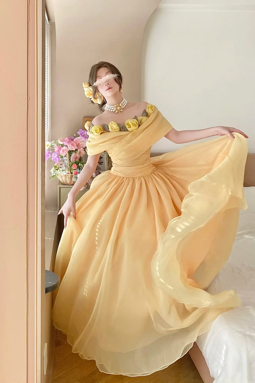 Cream Yellow Organza Off-the-shoulder Floor-length Ballgown 3D Rose Victorian Evening Dress gh6736