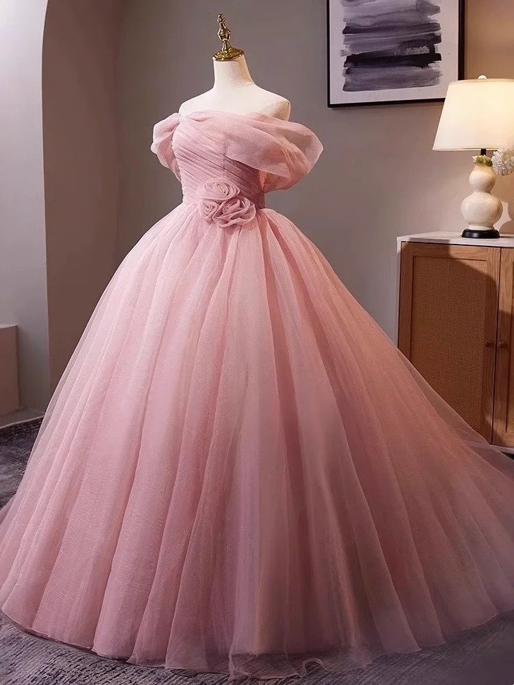 Pink Rose - Off-the-Shoulder 3D Floral Ball Gown, Tulle Train Princess Dress gh7071