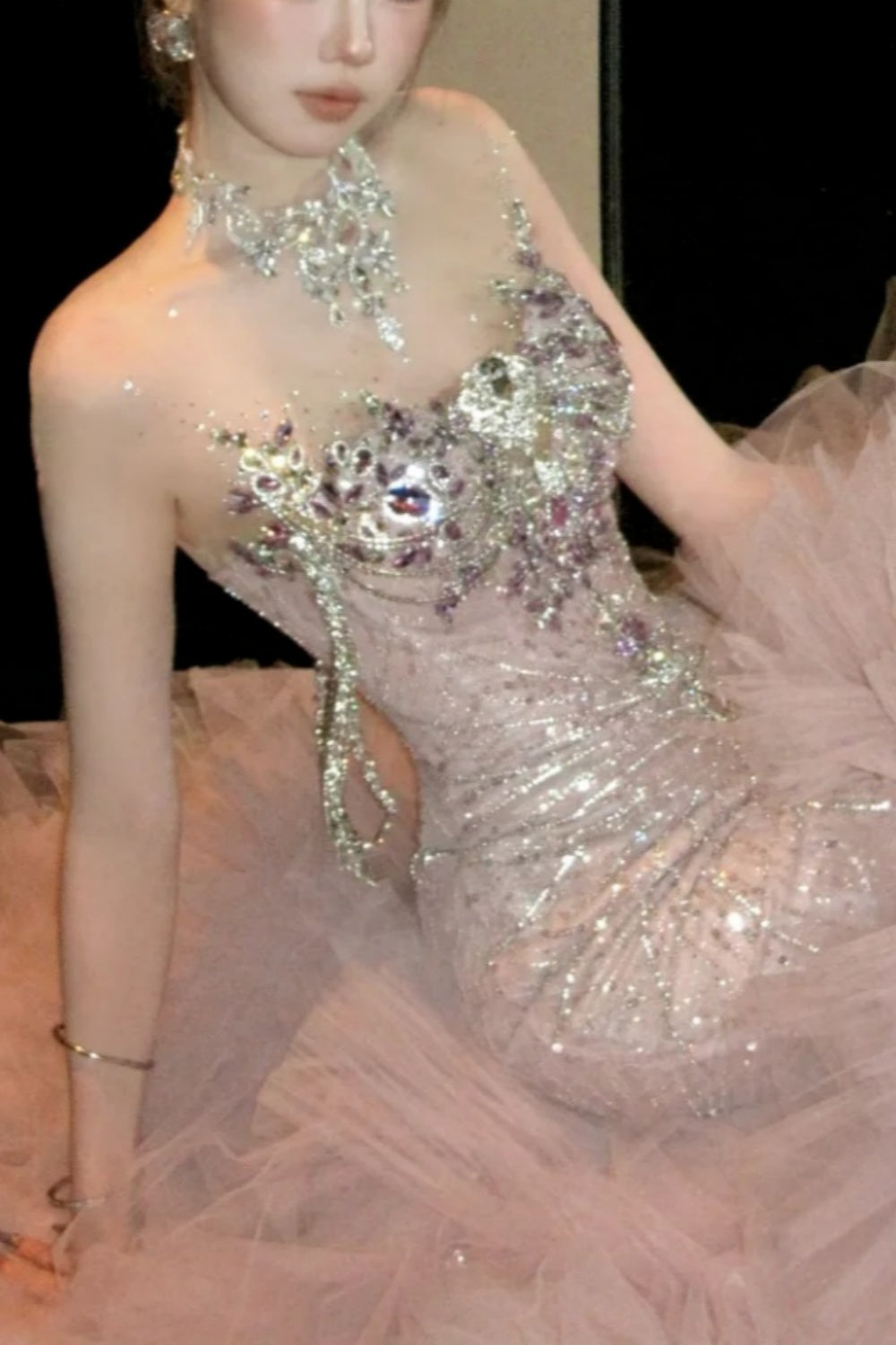 Pink Luxurious And Exquisite Pearl Embellishment Long Chiffon Mermaid Slim Fit Evening Gown gh6758