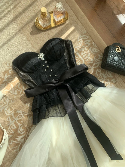 Niche Luxury Black & White Gown Strapless Lace Tulle Atmosphere Dress gh7003