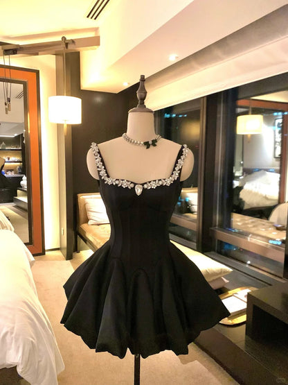Girlhomeshops-Black short satin princess homecoming dress birthday party dress eighth grade dress gh5298