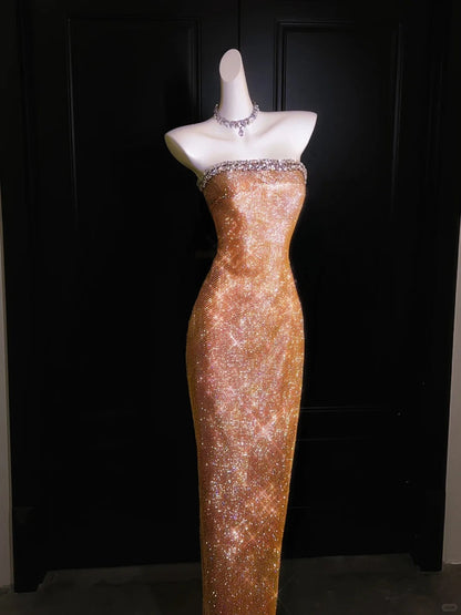 Girlhomeshops--Super beautiful golden gorgeous glitter metal mermaid fishtail long prom dress gh5489