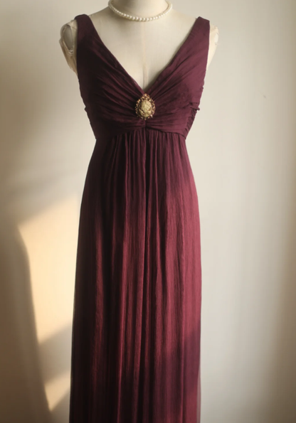 Retro Dark Purple V Neck Chiffon Long Prom Dress Evening Gown