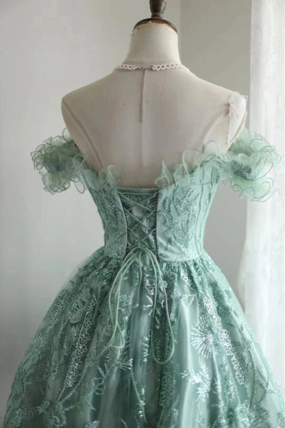 Vintage Green Appliqued Lace-up A-line Off-the-shoulder Party Dresses Homecoming Dresses, TP3803