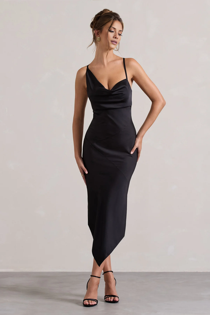 Asymmetric hanging collar backless satin mid length evening dress - dress