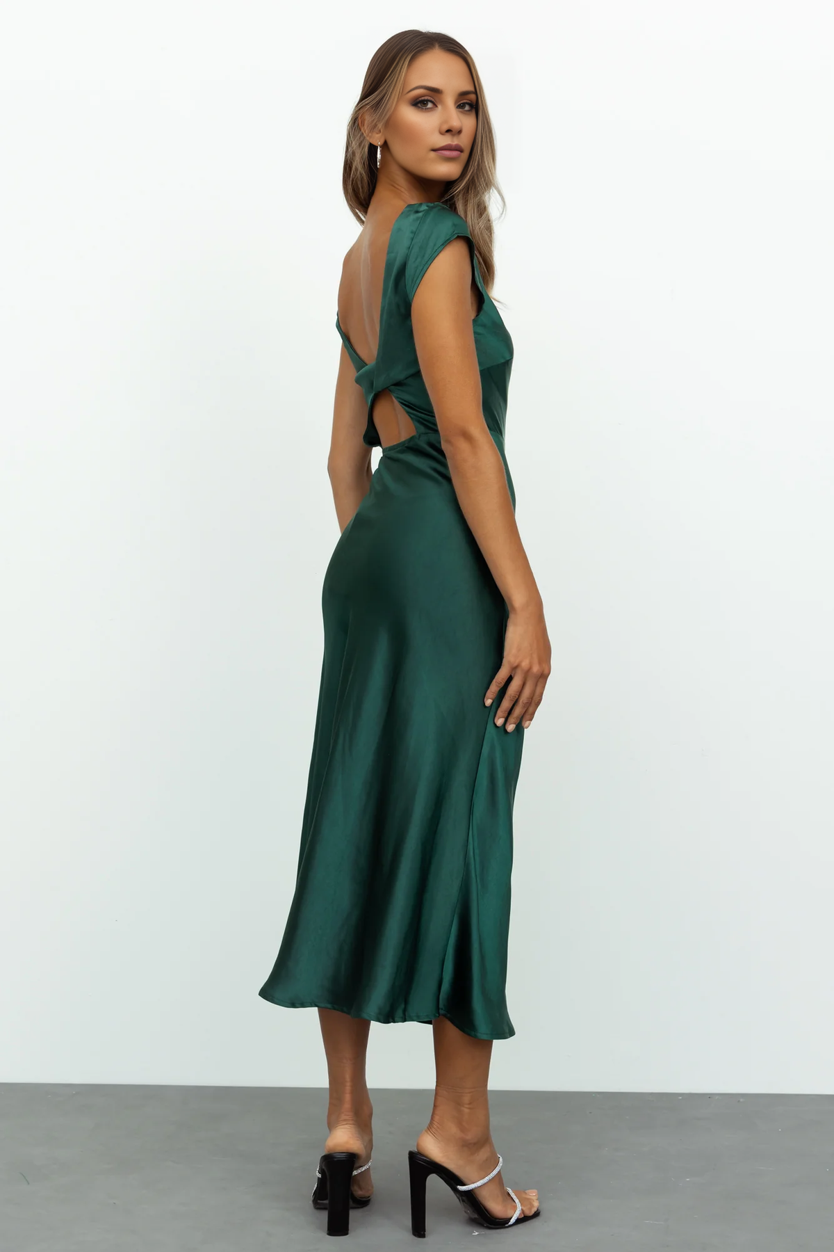 boat neckline satin backless side slit long Prom dress
