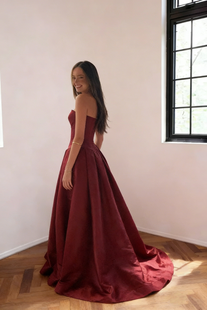 Classy Burgundy Strapless Satin Pleated Long Evening Dress Formal Wedding Guest Dress SP1732