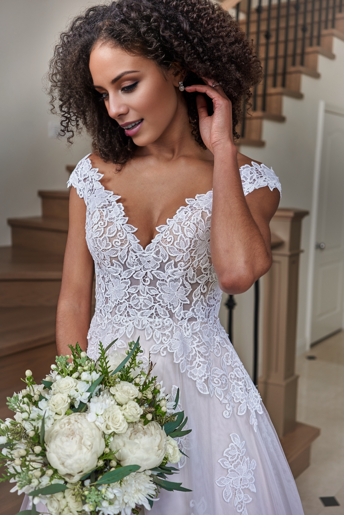 A-line off shoulder V-neck sheer and floor length wedding dress