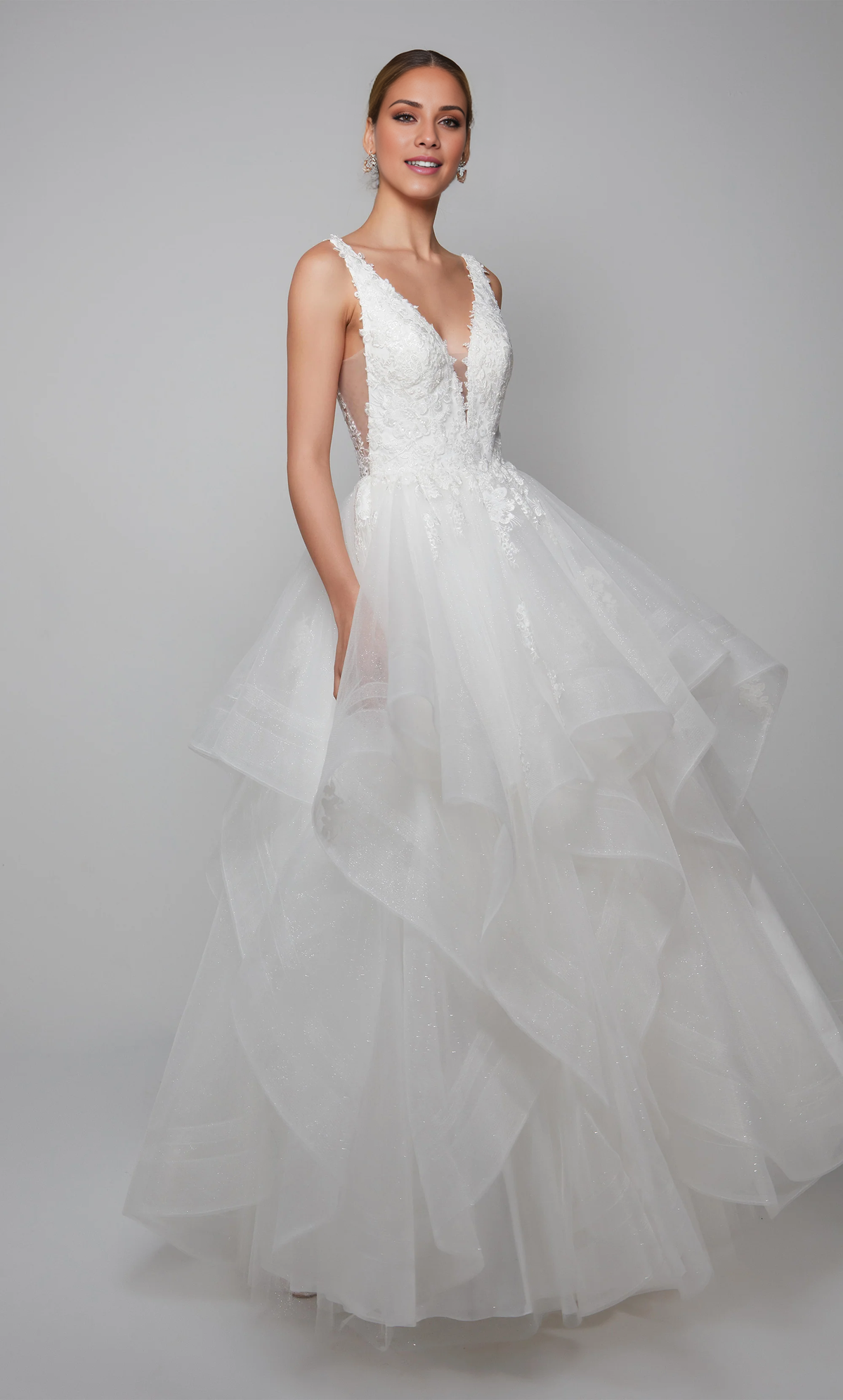 Chiffon lace deep V-neck floral decals and floor length wedding dresses