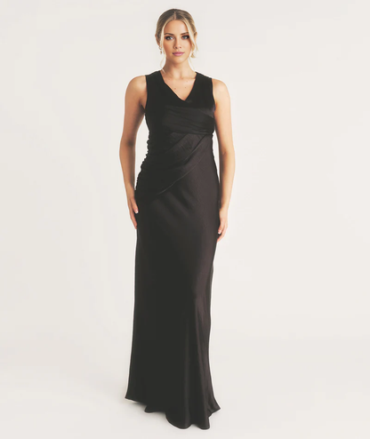 deep V-neck hanging details sleeveless and floor length Prom dress