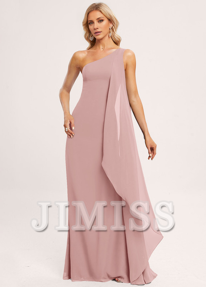 Ruffled A-line One Shoulder Floor Length Chiffon Bridesmaids Dress
