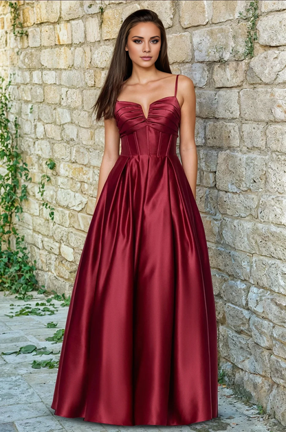 A-line V-neck slim shoulder strap backless and floor length evening dress