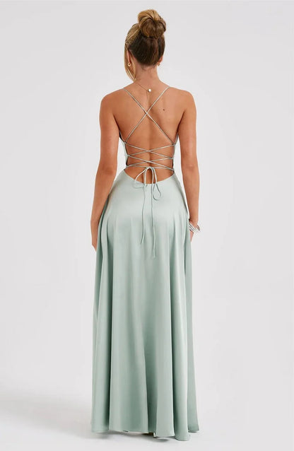 square neckline off shoulder sleeveless thin shoulder strap backless and floor length Prom dress