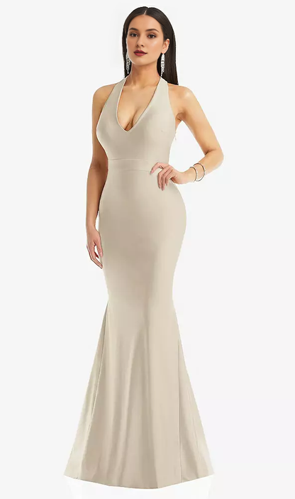 Deep V-neck hollowed out low back satin mermaid prom dress